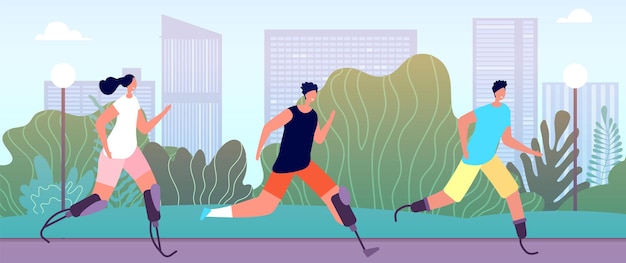 Vector disabled runners. adapted lifestyle, handicap athlete outdoor fitness. special needs people sport competition training vector illustration. sport disability runner, athlete prosthesis competition