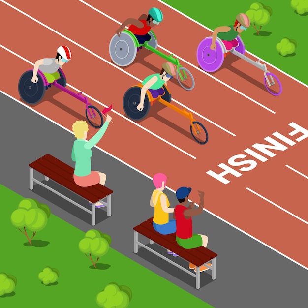 Disabled Sports. Handicapped People Racing in a Competition. Isometric vector illustration