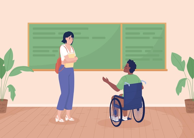 Disabled student with friend in classroom flat color vector illustration