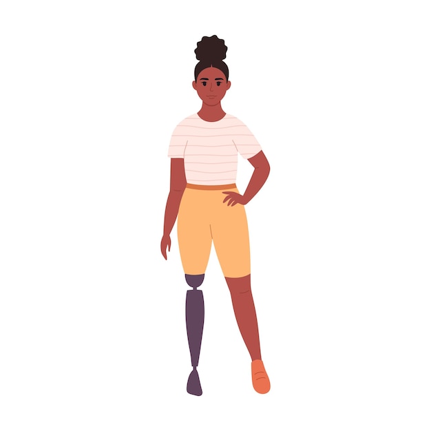 Disabled young black woman with prosthetic leg. Female character with a physical disability