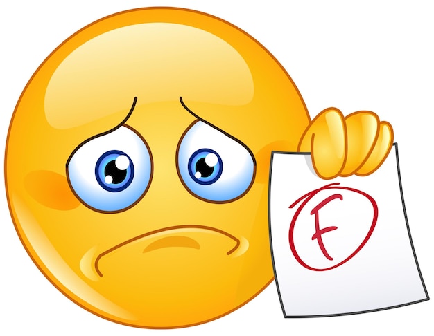 Vector disappointed emoji emoticon showing a paper with f failure grade