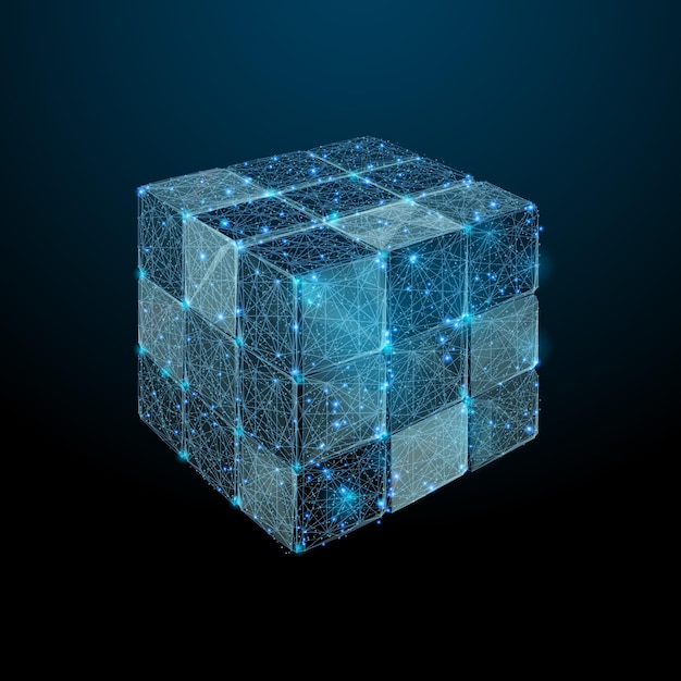 Disassembled ruby cube low poly blue Vector team building illustration