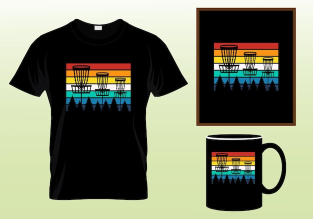 Disc golf player and vintage retro sunset funny disc golf t-shirt design