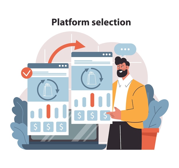 Vector a discerning businessman analyzes metrics on multiple screens making strategic platform selection