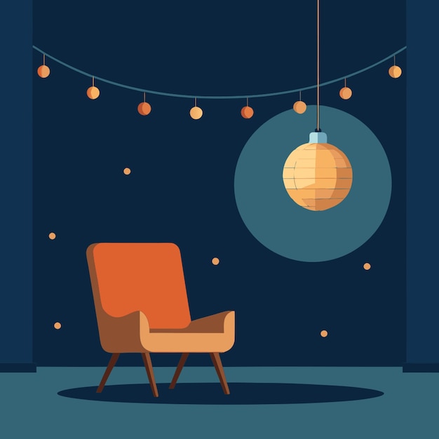 Vector disco ball garland lights and a cozy chair vector illustration flat 2