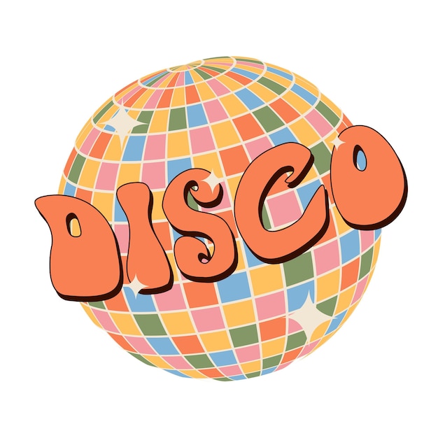 Disco ball and lettering in 70s retro hippie style