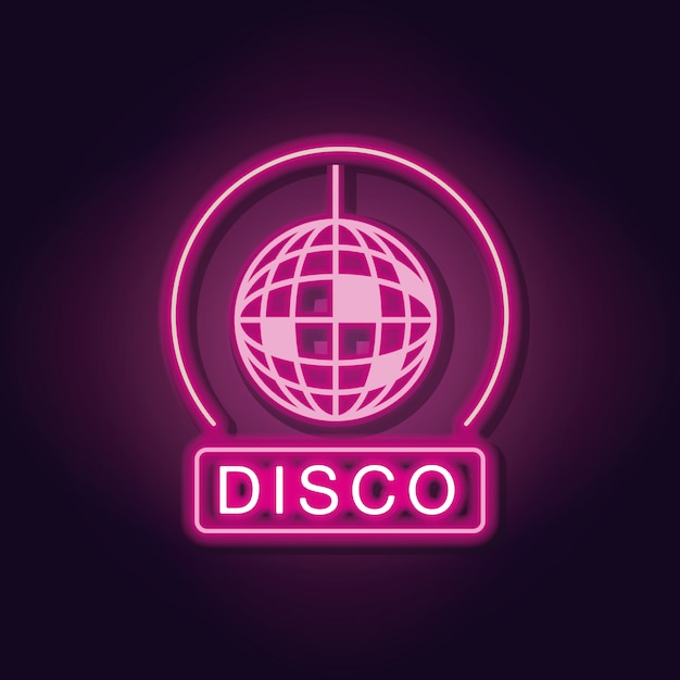 Disco emblem neon lights over dark background 