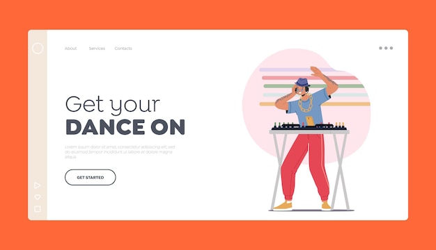 Disco Entertainment Landing Page Template Happy Dj Male Character in Headphones Perform Music during Night Club Party