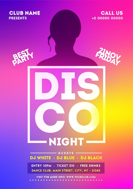 Vector disco night party invitation card or template design.