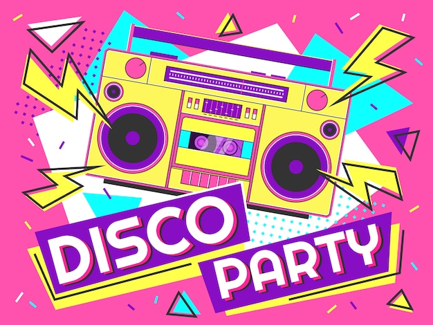 Disco party banner. Retro music poster, 90s radio and tape cassette player funky colorful   background illustration