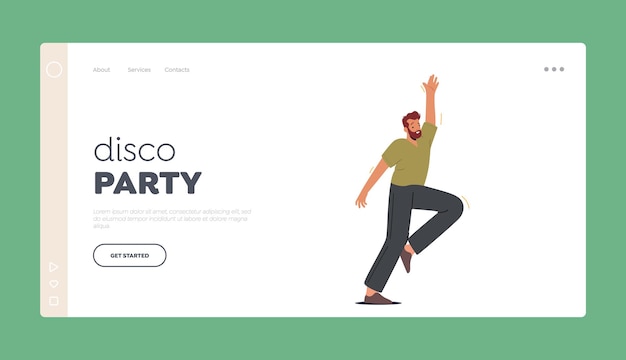 Disco Party Landing Page Template Young Man Dancing Male Character Celebrating Holiday Moving to Music Rhythm