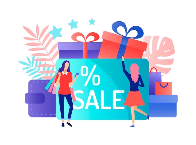 Discount card with percent sign and shopping girl Creative vector illustration of the concept of sales with girls holding bags Flat Character for an advertising banner or flyer