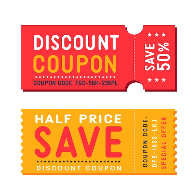 Discount coupon Half price offer promo code gift voucher and coupons template