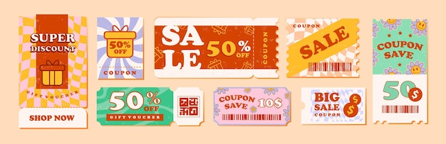 Discount coupons, tickets, gift vouchers in a retro groovy style. Vector template