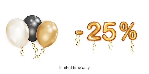 Discount creative illustration with white black and gold helium flying balloons and golden foil numbers 25 percent off Sale poster with special offer on white background