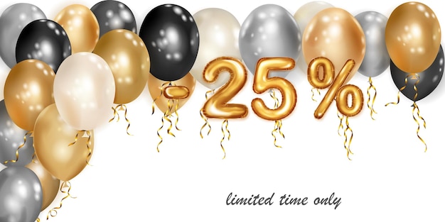 Discount creative illustration with white black and gold helium flying balloons and golden foil numbers 25 percent off Sale poster with special offer on white background