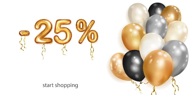 Discount creative illustration with white black and gold helium flying balloons and golden foil numbers 25 percent off Sale poster with special offer on white background