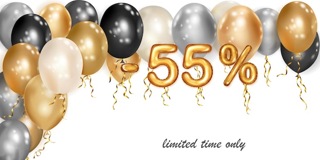 Discount creative illustration with white black and gold helium flying balloons and golden foil numbers 55 percent off Sale poster with special offer on white background