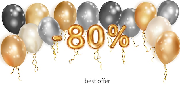 Discount creative illustration with white black and gold helium flying balloons and golden foil numbers 80 percent off Sale poster with special offer on white background