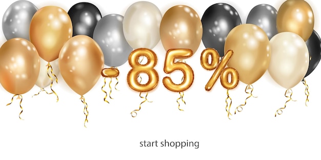 Discount creative illustration with white black and gold helium flying balloons and golden foil numbers 85 percent off Sale poster with special offer on white background