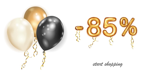 Discount creative illustration with white black and gold helium flying balloons and golden foil numbers 85 percent off Sale poster with special offer on white background