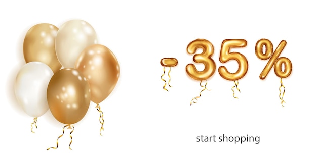 Discount creative illustration with white and gold helium flying balloons and golden foil numbers 35 percent off Sale poster with special offer on white background