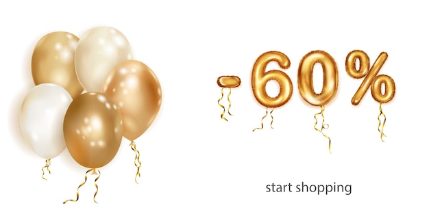 Discount creative illustration with white and gold helium flying balloons and golden foil numbers 60 percent off Sale poster with special offer on white background