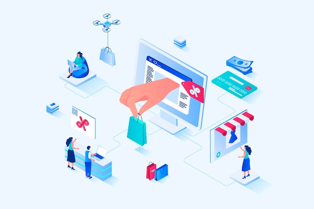 Discount of goods 3d isometric web design Vector web illustration