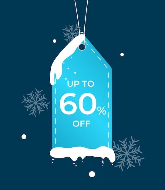 Discount offer tag icon Up to 60 percent off Sale winter label wirh snow New year sale concept Special offer composition Vector business object concept