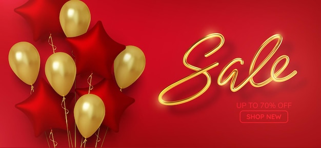 Discount promotion sale made of realistic 3d gold balloons with red stars