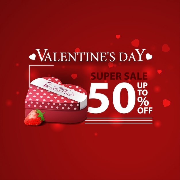 Discount red banner for Valentine's Day with gifts and strawberry