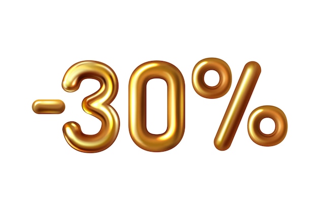 Discount shopping realistic golden balloon minus thirty percent symbol 3D number 30 gold metallic foil with glitter Golden sale 30 percent discount Advertising sale and promotion in store