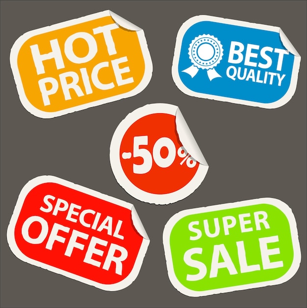 Discount sticker icons. Special offer, hot price and super sale icons on paper label realistic paper sticker with curved edge