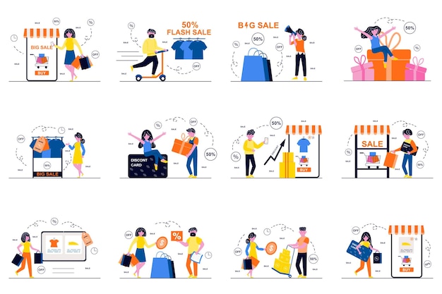 Discount store concept with tiny people scenes set in flat design Bundle of men and women with shopping bags makes purchases bis sales online ordering and payment Vector illustration for web