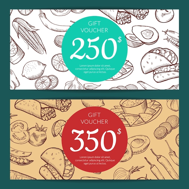 discount or voucher template with sketched mexican food elements for restaurant, shop or cafe illustration