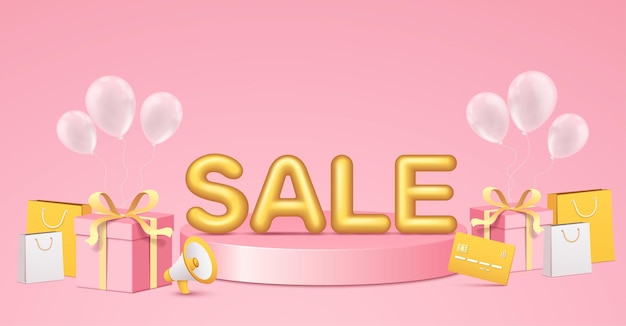 Discounts poster banner for retail shopping promotion with big yellow word sale on podium balloons and shopping elements on pink background