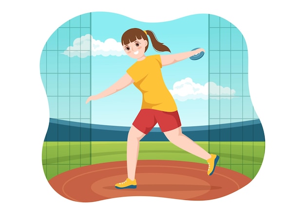 Vector discus throw athletics illustration with throwing a wooden plate in sports championship hand drawn