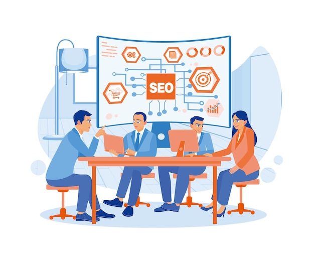 Vector discusses digital marketing systems by optimizing seo search engines seo concept