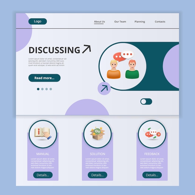 Discussing flat landing page website template manual solution feedback web banner with header