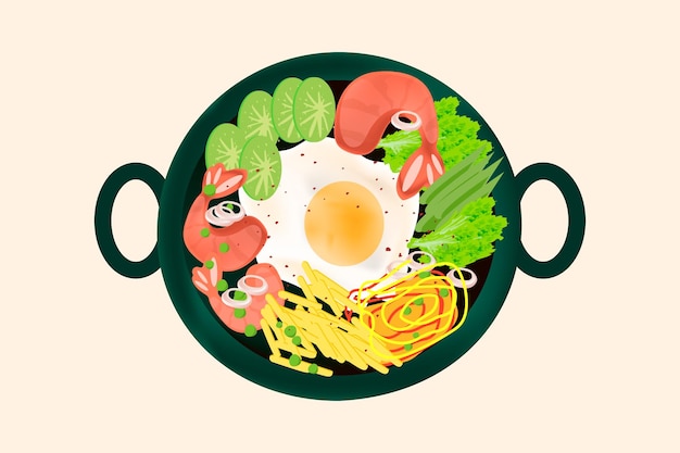 Vector dish with healthy food salad and egg and shrimp vector illustration design