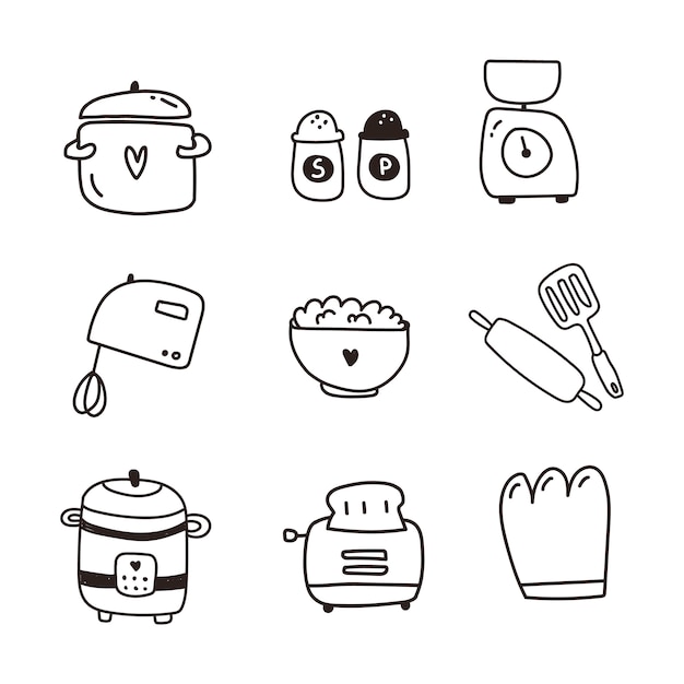 Dishes, kitchen items set of icon. Hand draw