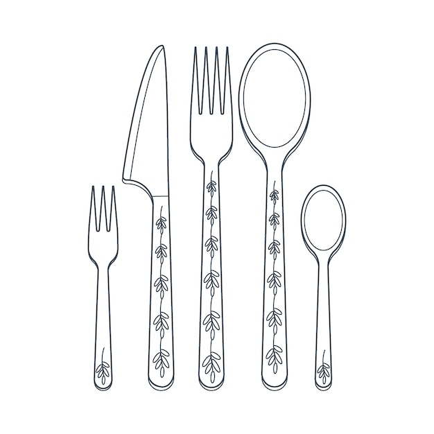 Dishes A set of kitchen utensils fork spoon knife Line art