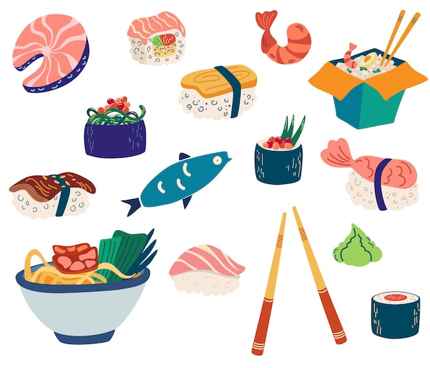 Dishes with fish and seafood Trout salmon sushi rice with shrimp Chinese noodles Vector