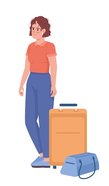 Disheveled female tourist with bag and baggage semi flat color vector character