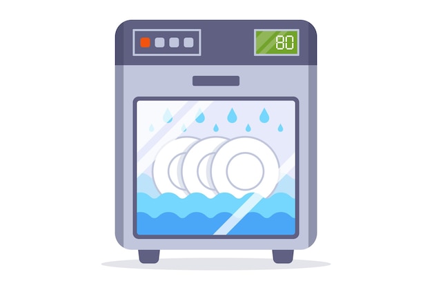 The dishwasher washes the plates with water. flat vector illustration.