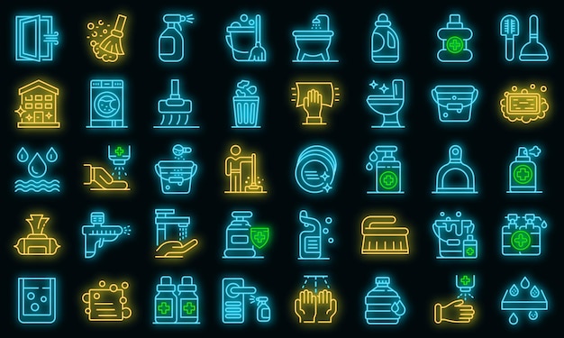 Disinfection icons set. Outline set of disinfection vector icons neon color on black