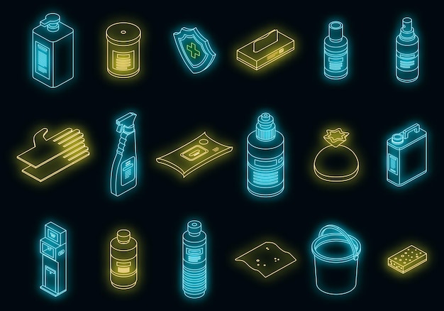 Disinfection icons set vector neon