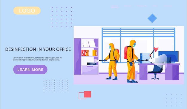 Disinfection in your office landing page template with a man in a protective suit with a spray gun