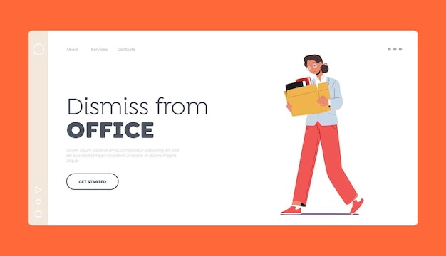 Dismiss from Office Landing Page Template Woman Manager Fired From Job Sad Girl Employee with Walking Box