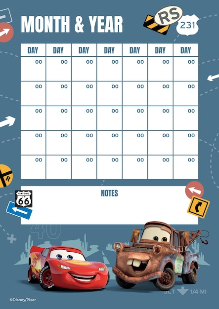 Disney Cars Monthly Calendar